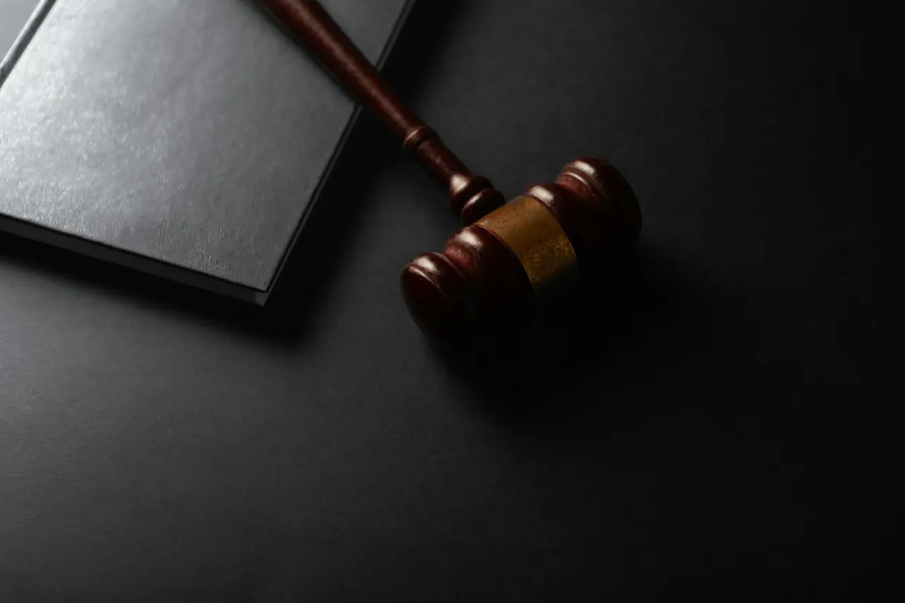 Wooden judge's gavel beside a closed book on a dark surface